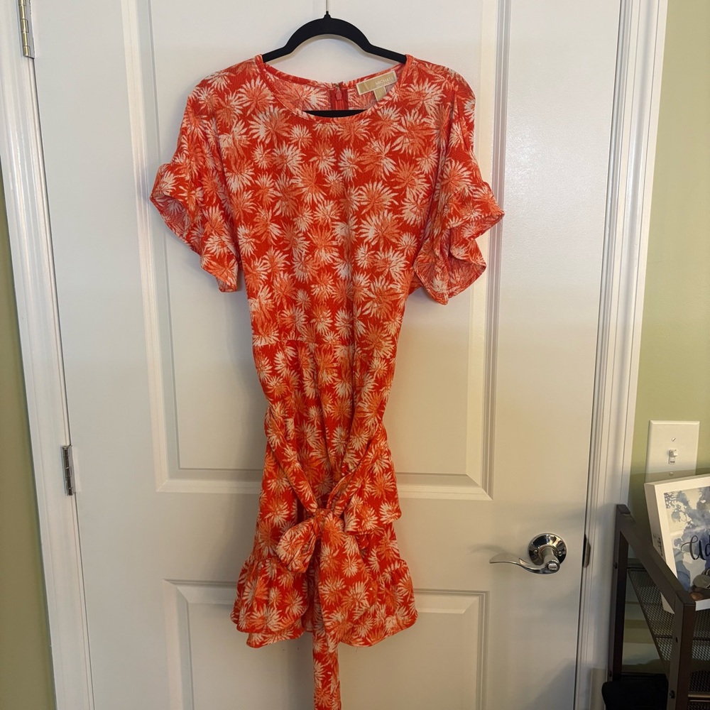 MICHAEL KORS Women’s Orange Floral Tie-Waist Dress